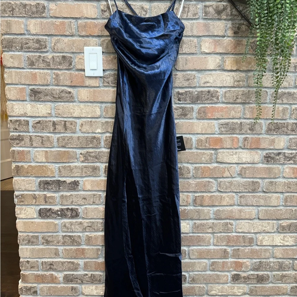 Divine Celebration Navy Blue Satin Lace-Up Maxi Dress - Picture 1 of 6